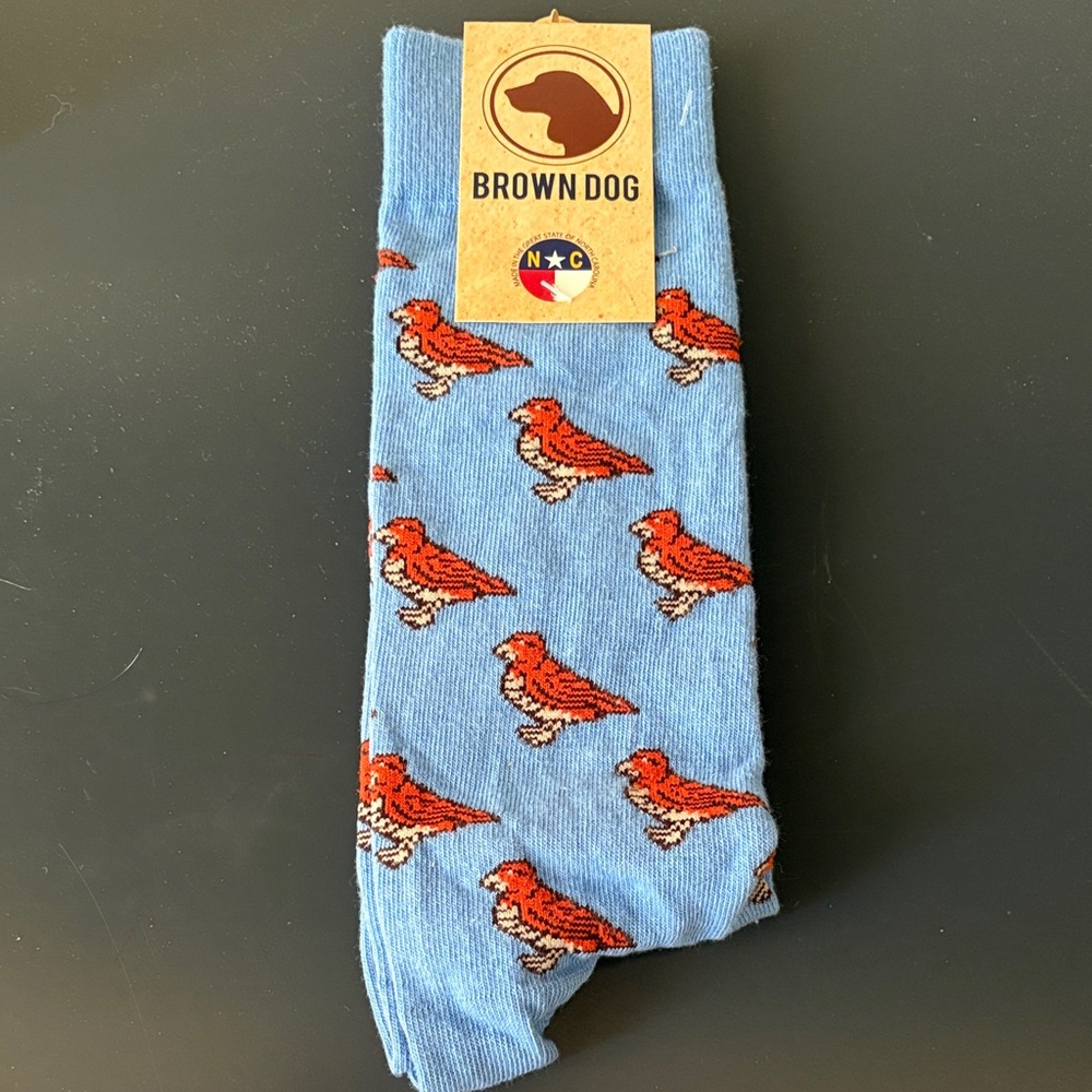 New With Tags Brown Dog Blue Socks with Orange Bird Pattern